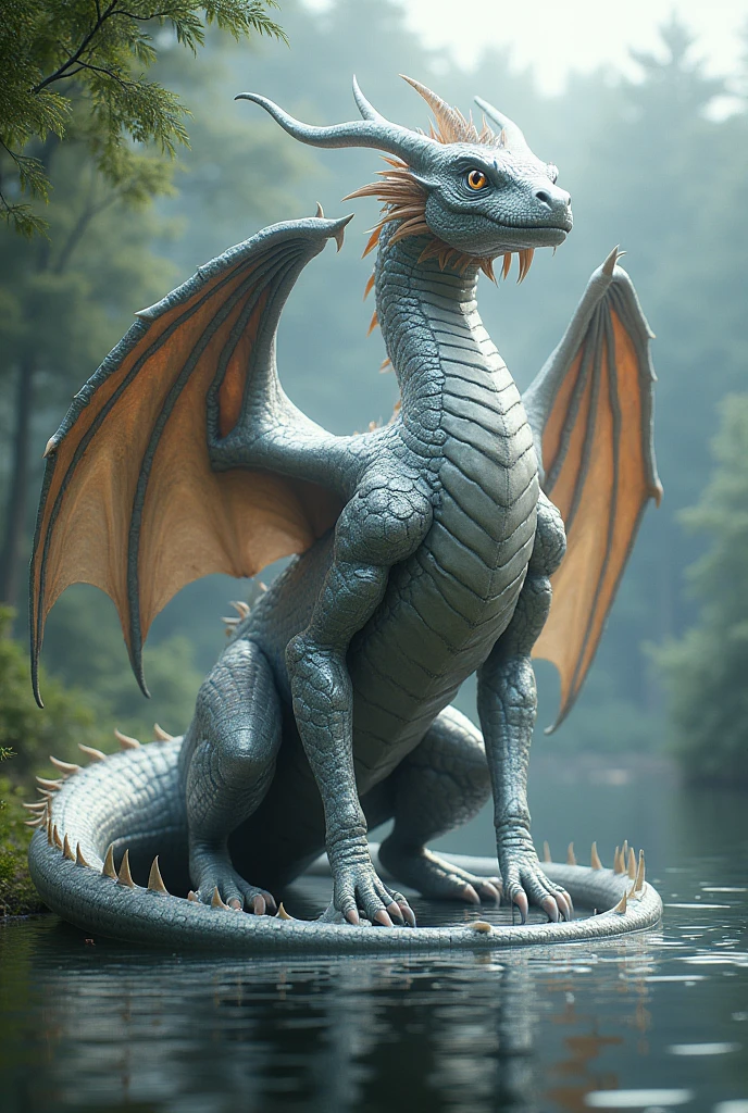 a majestic giant silver dragon、two big soft tapered wings、four arms、Silver eyes、in a clearing with a lake