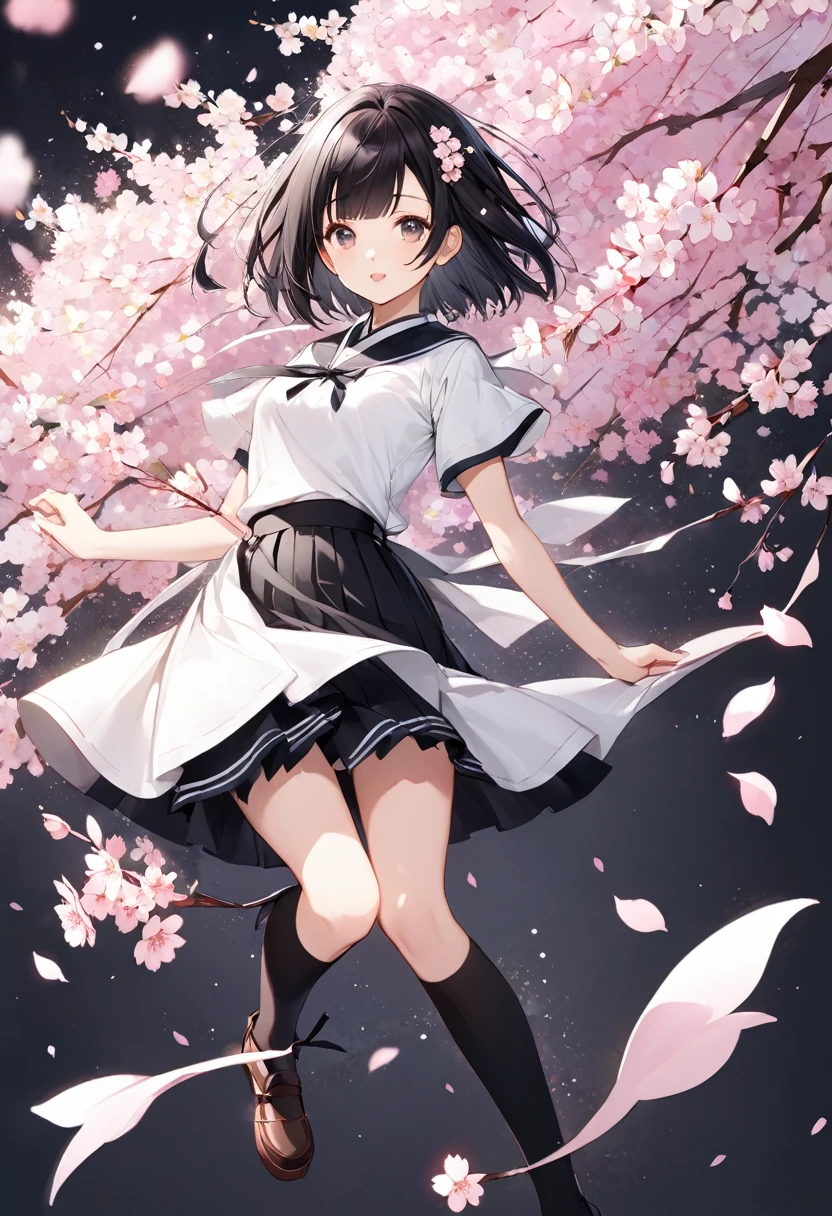 (((Background Senbonzakura)))、((Cherry blossoms fluttering effect))、Black short hair、Quirky hair、(Long bangs)、White short-sleeved clothing、Black Skirt、Black knee socks