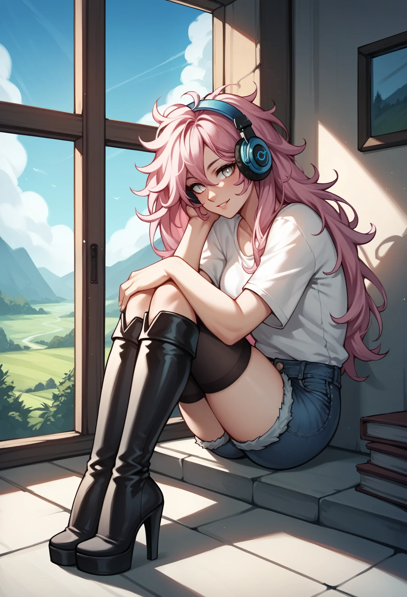 score_9, score_8_up, score_7_up, score_6_up, score_5_up, score_4_up, source_anime, 1woman, sexy face, sit, pink hair, long hair, white eyes, croosed legs, messy hair, white shirt, jeans shorts, black thigh high boots, platforms, heels, day, windows, beautiful view from the window, There are forests and fields outside the window, headphones, dungeon, best quality, best res, 4K UHD,
 