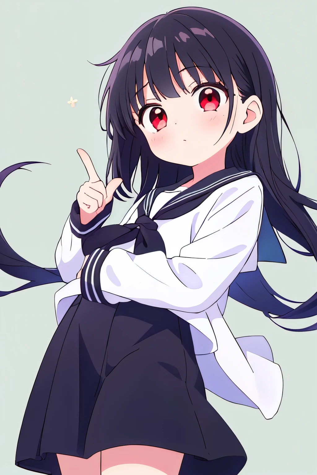 masterpiece,best quality,
(1girl:1.2),angle from below,
green simple background,
 point finger to viewer,
Black sailor suit,
(black hair:1.2),long hair,
whole body,
(puff out cheeks:1.2),
red eyes,(almond-shaped eyes:1.2),
(Teen:1.1)