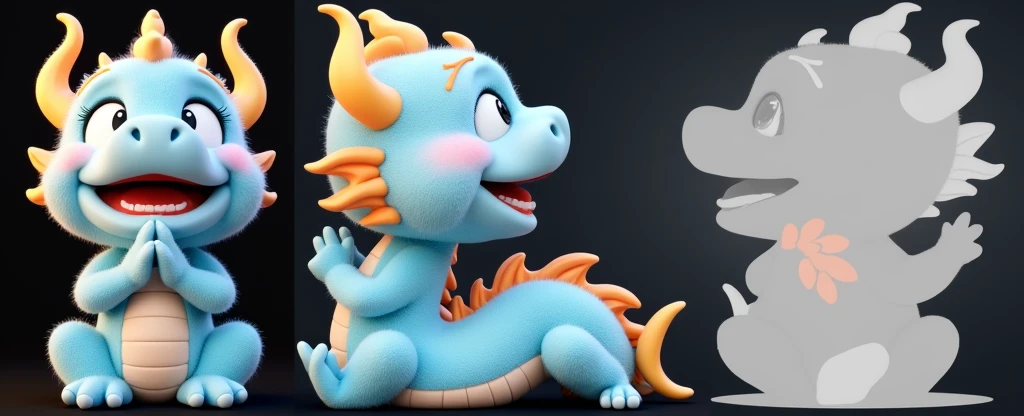 3D rendering, C4D, cartoon style version of a cute Chinese baby dragon, blue body, pink face, golden horns on his head, smiling happily and praying with his hands folded, full body front view and side view, back view. Light indigo and gold style, anime aesthetics, furry art, solid color background, super high detail.