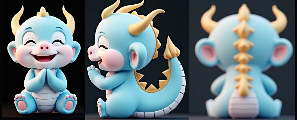 3D rendering, C4D, cartoon style version of a cute Chinese baby dragon, blue body, pink face, golden horns on his head, smiling happily and praying with his hands folded, full body front view and side view, back view. Light indigo and gold style, anime aesthetics, furry art, solid color background, super high detail.