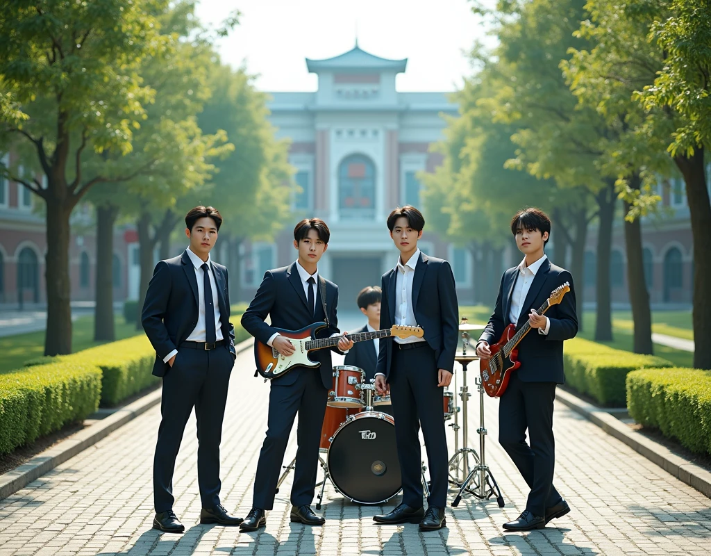 Create an album cover featuring four handsome Korean men wearing stylish school uniforms. The setting should be a school yard. complete with a guitar and drums.