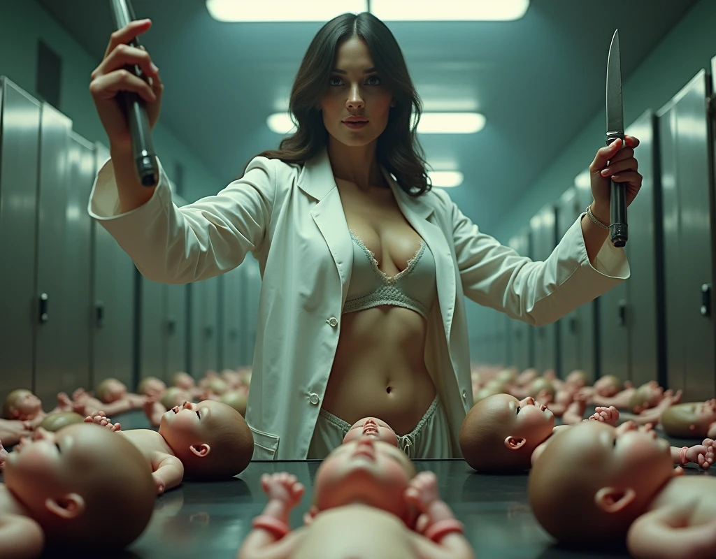 Beautiful women wearing revealing, provocative white coats are positioned in multiple positions, mechanically sorting real babies into good and bad, which are placed on a conveyer belt like mass-produced goods and sent one after another to a meat company's meat processing plant. They grab the real babies' feet, hang them upside down, and with cruel smiles on their faces, toss the babies that are deemed bad into a waste chute. In their other hands they hold long sorting knives. The captivating and voluptuous women all turn to glare at the viewer, and then their seductive faces, evoking the sensuality of immorality, flash them a mad, devilish smile., looking at us, pov