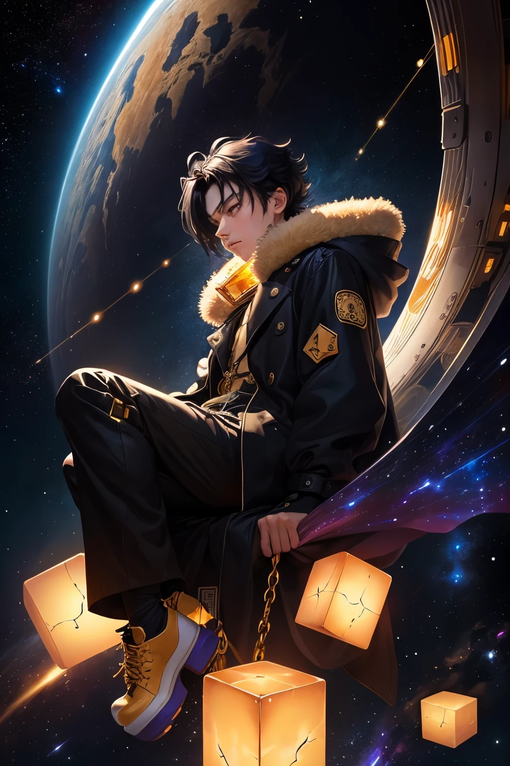 A ANIME boy with black hair and a black coat sits on a dark universe platform, bound by MANY glowing golden cube shackles. Golden cubes float around him in a circular orbit. He looks down with no emotion, surrounded by the cold expanse of space
