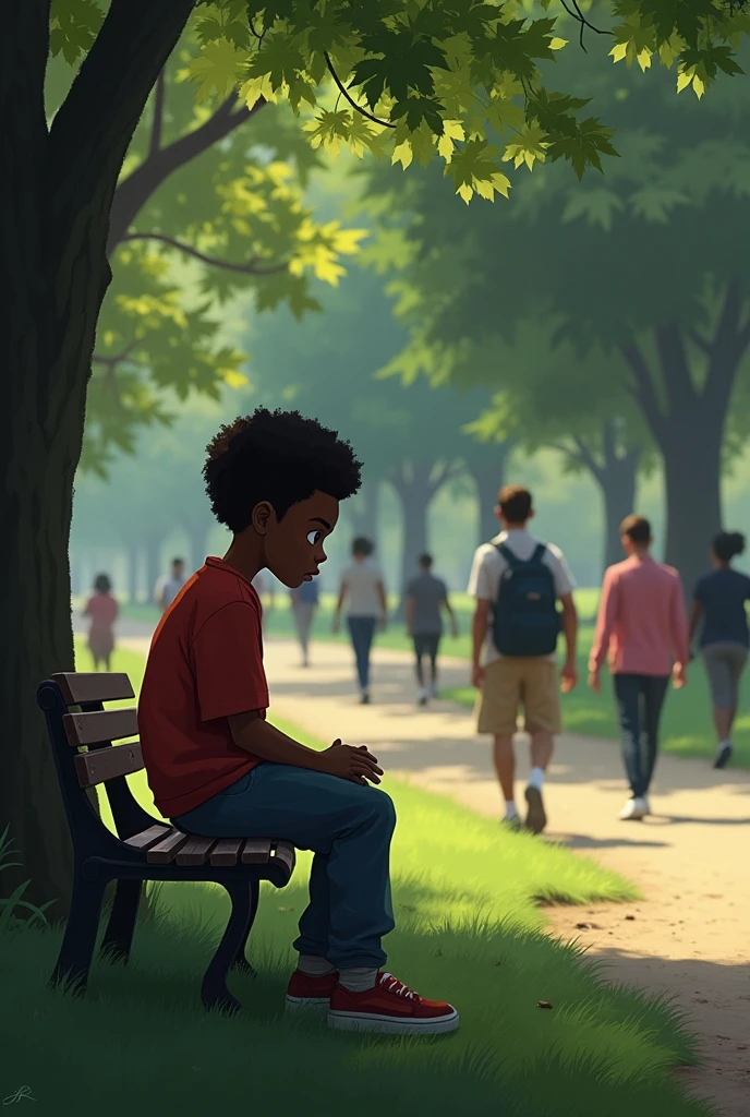 Generates a 1 black boy sitting in a park, With an uncomfortable and lost look watching white people pass by that place and they stare at it