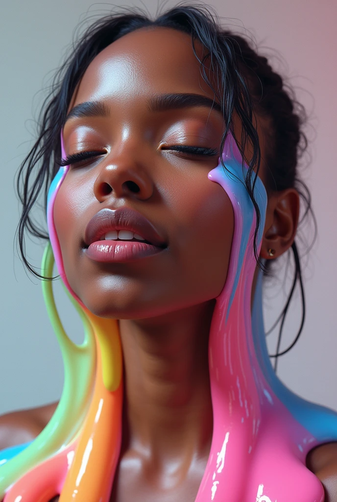 Black American realistic art closing her eyes and a lot of candy slime drop on her face, include her shoulder and facin in front

