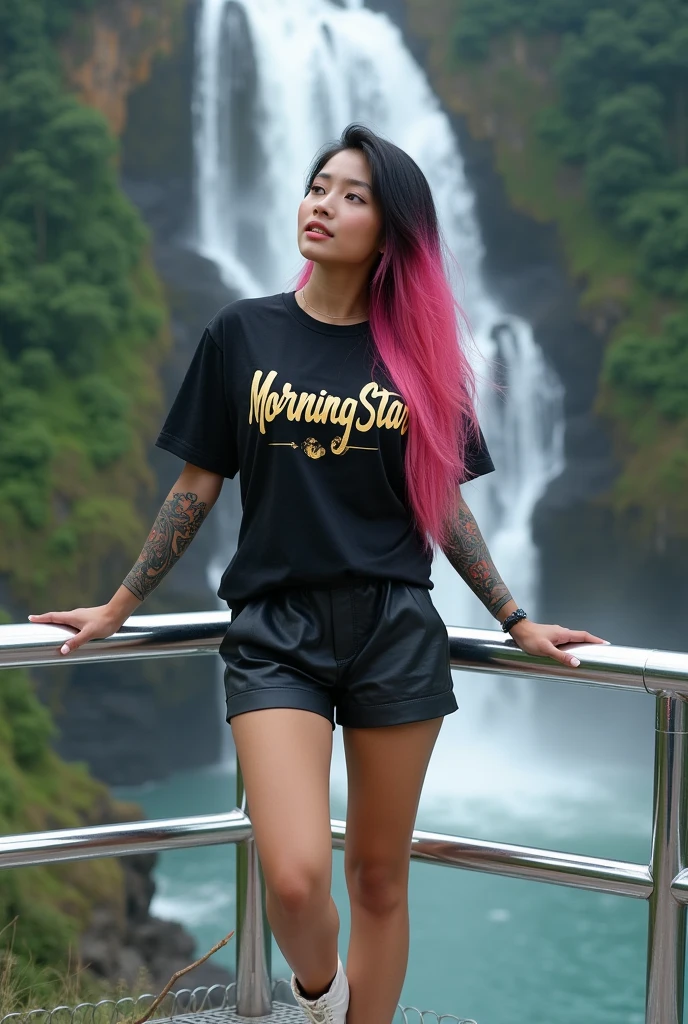 a beautiful Thai woman, standing on a silver metal deck or platform with a view of the waterfall in the background.the woman has pink black hair, gives a modern and stylish effect. He was wearing a black metal t-shirt that said "Morning Star" fhon gold the other, and modern shorts, white boots. This woman is leaning on the platform railing with both hands tattooed with hello kitty patterns.,  look relaxed and enjoy the beautiful view. landscape