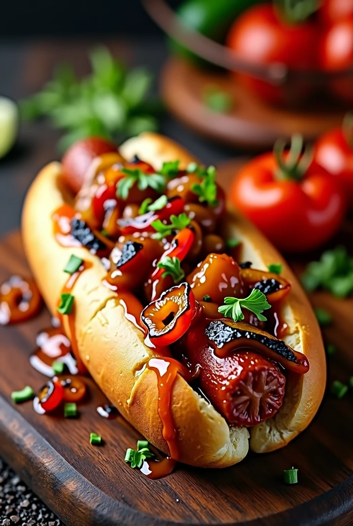 Hot dog with merguez, cooked onion and grilled tomato and grilled pepper with Algerian sauce