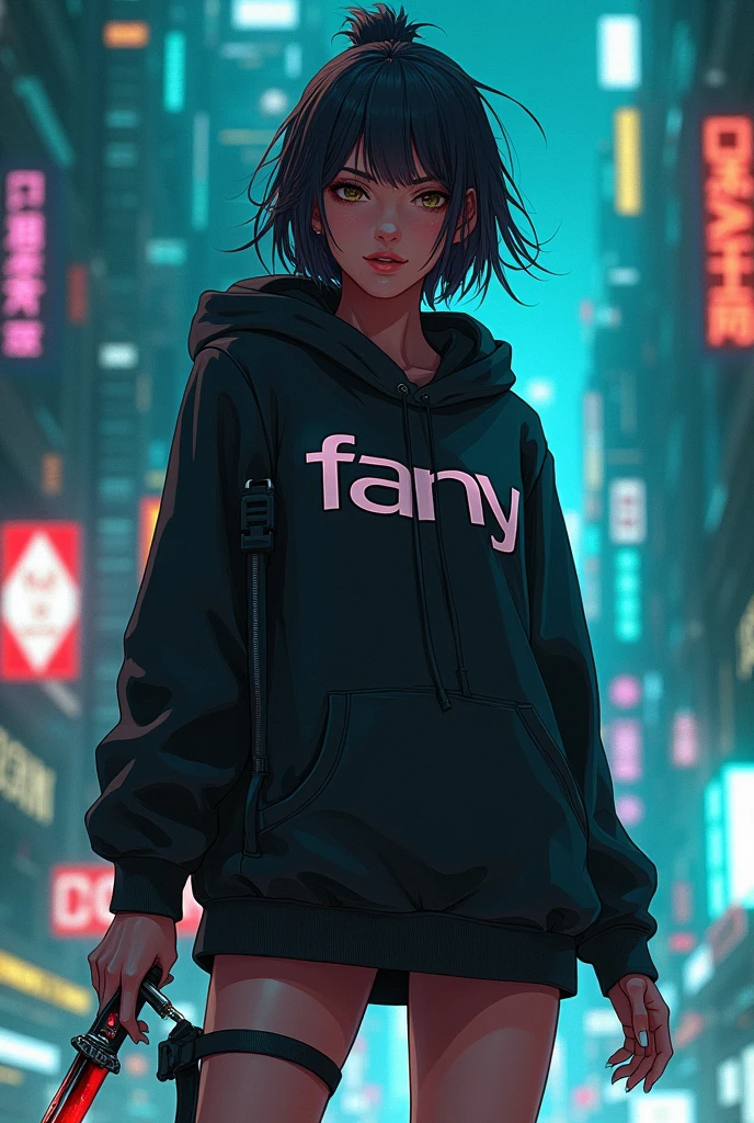 Create a character anime, {{background: capital text “GLBK”, night city}}, tanned skin,
realistic, HDR, female, beautiful, japan style, full body, use deagger, age 25, hoodie HD text: “FANY”