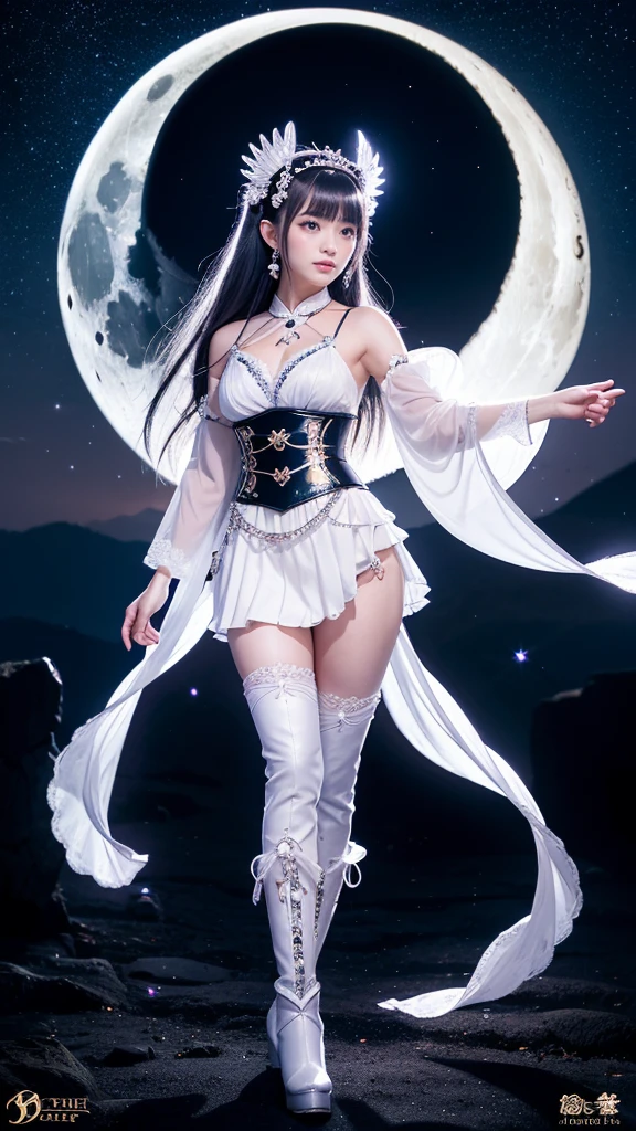 **Prompt:** Create an ultra-realistic 8K resolution image of Tsukuyomi, the Japanese moon god from Shinto mythology, reimagined as the ultimate magical girl while retaining the deity's iconic features. Tsukuyomi is depicted as a radiant magical girl with long, flowing silver hair that sparkles with a celestial glow. Her eyes are luminous, reflecting the light of the moon, and they hold a mysterious yet enchanting allure.
She is dressed in an elaborate magical girl outfit that blends traditional Japanese elements with modern magical girl aesthetics. The outfit features a flowing, moonlit silver dress with intricate designs resembling the phases of the moon, adorned with delicate ribbons and lace. Her waist is cinched with a silver belt that has a crescent moon buckle, and her sleeves are puffy, adding a touch of cuteness to her divine appearance.
Her accessories include a magical staff topped with a glowing crescent moon, which she wields gracefully. A tiara with a moonstone gem rests on her head, symbolizing her connection to the lunar deity. Her boots are knee-high, sleek, and silver, with crescent moon accents on the sides.
The background showcases a mystical night sky filled with stars and galaxies, with the full moon shining brightly above her. Sparkling dust and magical symbols float around her as she strikes a powerful yet elegant pose, ready to harness the moon’s magic to protect the world. The scene captures the essence of Tsukuyomi’s divine power transformed into an irresistible and majestic magical girl form.