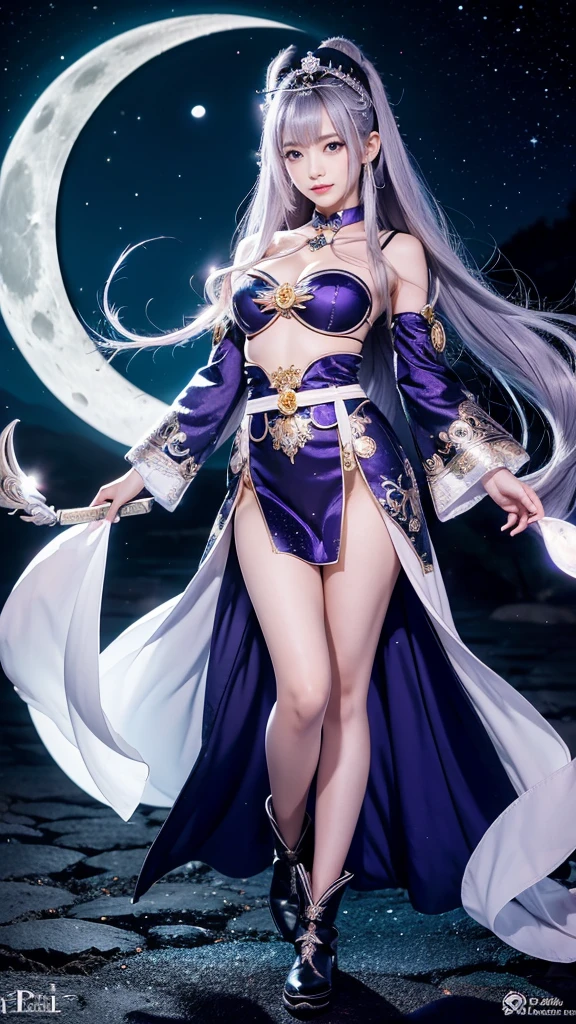 **Prompt:** Create an ultra-realistic 8K resolution image of Tsukuyomi, the Japanese moon god from Shinto mythology, reimagined as the ultimate magical girl while retaining the deity's iconic features. Tsukuyomi is depicted as a radiant magical girl with long, flowing silver hair that sparkles with a celestial glow. Her eyes are luminous, reflecting the light of the moon, and they hold a mysterious yet enchanting allure.
She is dressed in an elaborate magical girl outfit that blends traditional Japanese elements with modern magical girl aesthetics. The outfit features a flowing, moonlit silver dress with intricate designs resembling the phases of the moon, adorned with delicate ribbons and lace. Her waist is cinched with a silver belt that has a crescent moon buckle, and her sleeves are puffy, adding a touch of cuteness to her divine appearance.
Her accessories include a magical staff topped with a glowing crescent moon, which she wields gracefully. A tiara with a moonstone gem rests on her head, symbolizing her connection to the lunar deity. Her boots are knee-high, sleek, and silver, with crescent moon accents on the sides.
The background showcases a mystical night sky filled with stars and galaxies, with the full moon shining brightly above her. Sparkling dust and magical symbols float around her as she strikes a powerful yet elegant pose, ready to harness the moon’s magic to protect the world. The scene captures the essence of Tsukuyomi’s divine power transformed into an irresistible and majestic magical girl form.