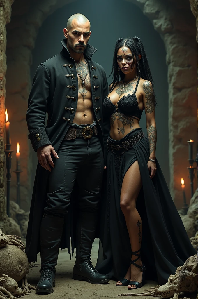 Tattooed male model shaved head, pointy mustache, soul pach, tall, slim fitt, tricorne heat, american revolutionery period coat, pants and boots and a feemale black witch, cornrows hairstile (very big size breasts 2,2) caribian stile dress, melted face more a scull then a face in a cave human bones, rats and candles everywhere