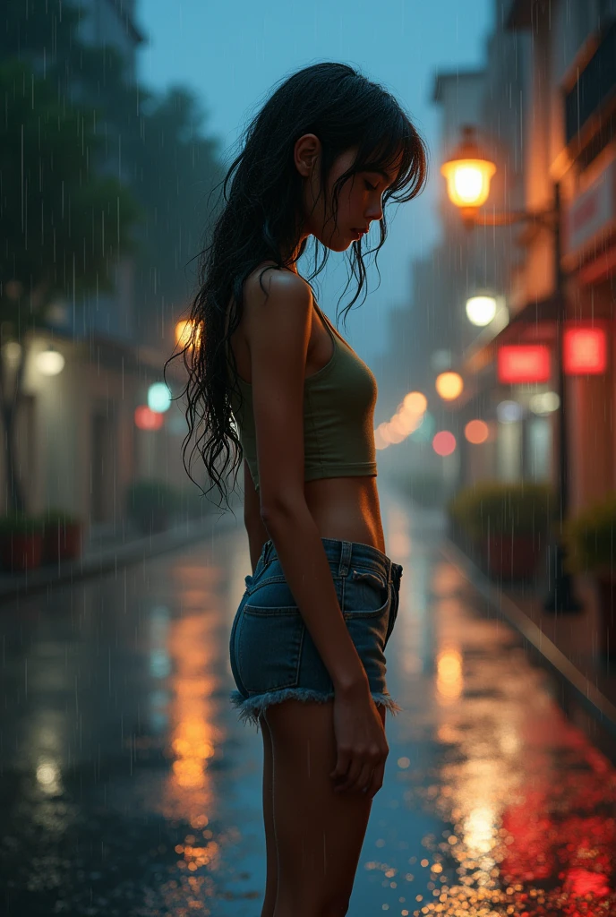 A beautiful girl on shorts in the rain on the late night street 