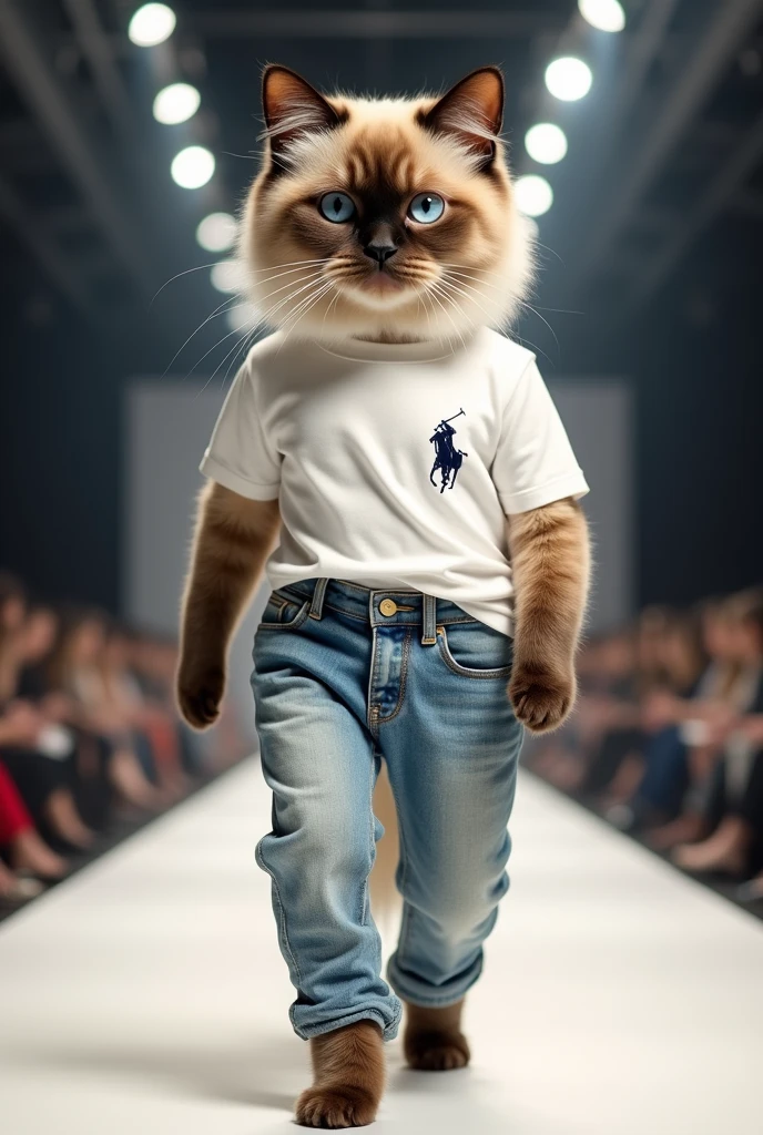 Himalayan cat wearing a Ralph Lauren T-shirt and jeans set in a real life full body photo fashion show