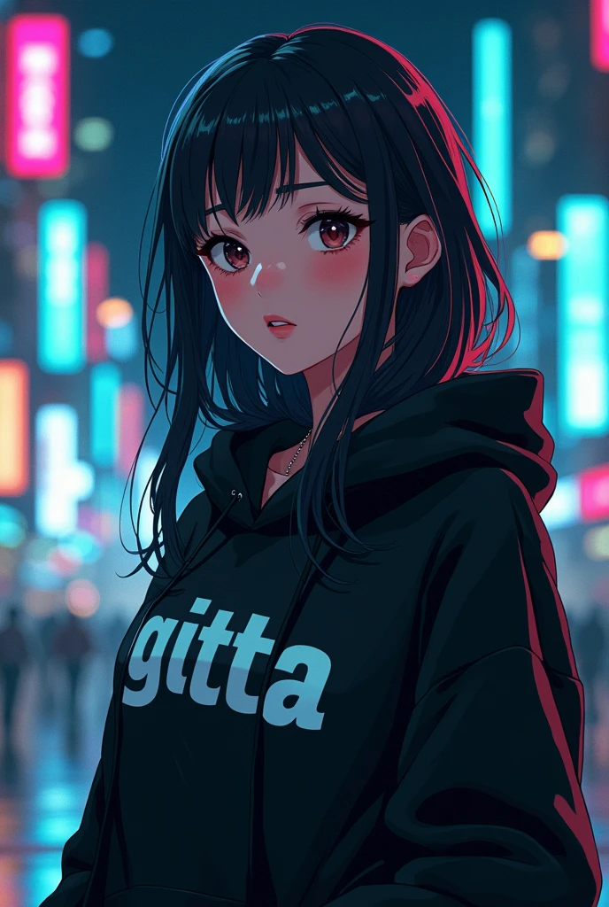 Create a character anime, {{background: capital text “GLBK”, night city}}, tanned skin,
realistic, HDR, female, beautiful, japan style, full body, use tesseract, age 25, hoodie HD text: “GITTA”