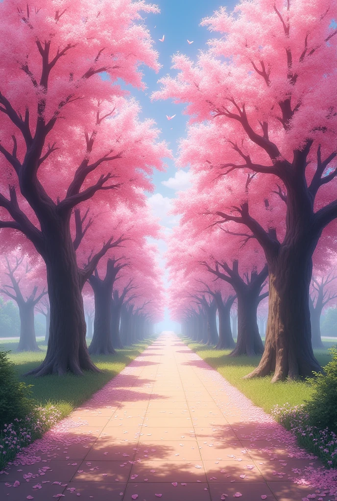 The image highly detailed  pathway lined with trees on both sides. The trees are covered in pink cherry blossom flowers, creating a beautiful and romantic atmosphere. The pathway is covered in fallen petals, and the ground is also covered in the same pink flowers. The sky is visible in the background, and it appears to be a sunny day. The overall mood of the image is peaceful and serene.