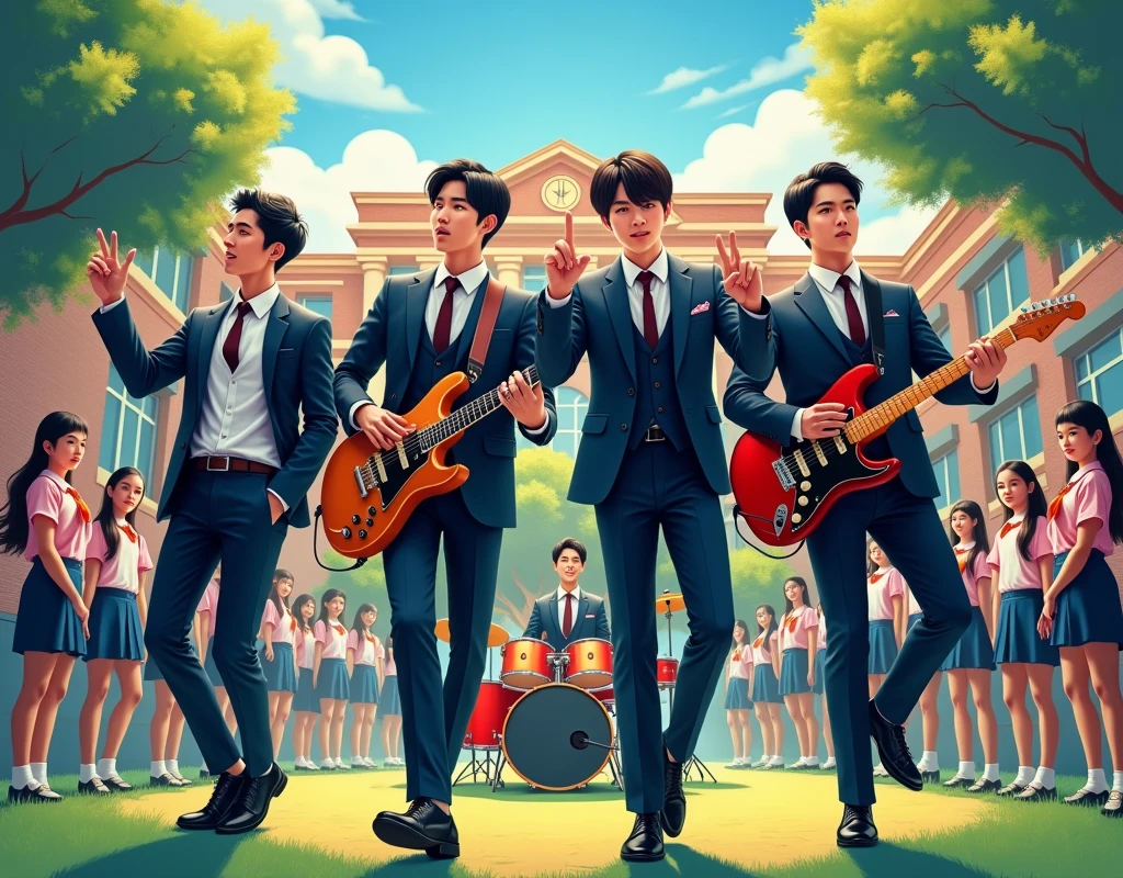 Create an album cover featuring four handsome Korean men wearing stylish school uniforms. The setting should be a school yard. complete with a guitar and drums. with people watching their performance.