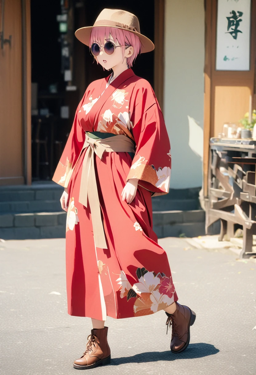 (Highest quality, 4K, 8k, High resolution, masterpiece:1.2), Very detailed, Picturesque, Animated Photography, Photo Animation:1.37)、Japanese actress、(Pink Hair)、(short hair)、stnding、hunting hat、round sunglasses、Full body photography、Nakano ichika