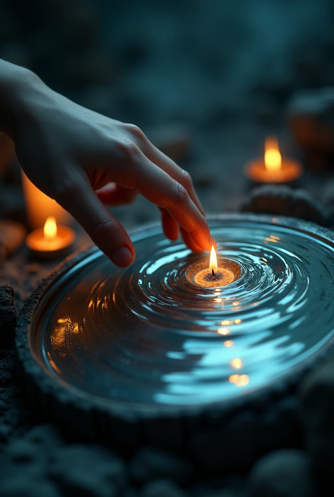 generate a close-up of a finger touching a hanging mirror that churning like a water, dark background, candle light. the image was taken from aside, fantasy, highly-detailed, ultra-sharp, realistic.