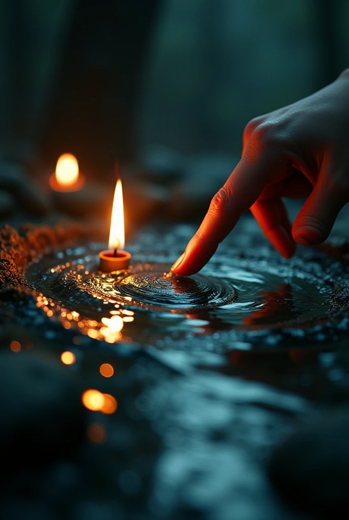 generate a close-up of a finger touching a hanging mirror that churning like a water, dark background, candle light. the image was taken from aside, fantasy, highly-detailed, ultra-sharp, realistic.