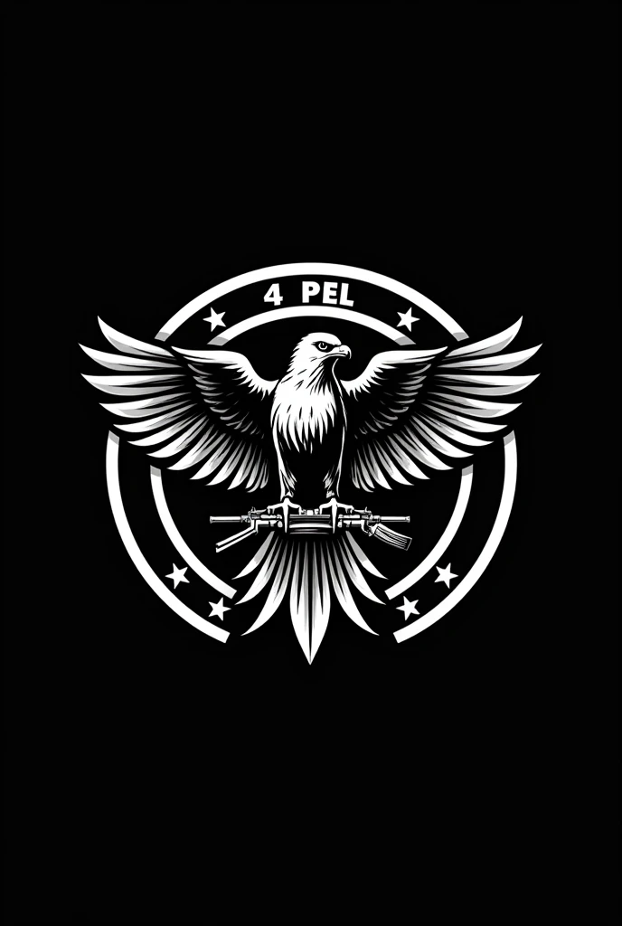 logo in a 2D circular format in black and white and on a black background with the name 4 PEL on top and the name FALCAO on the bottom, with the image of a falcon holding a rifle and weapons next to it in the center of the circle and in the background the flag of the state of Paraíba