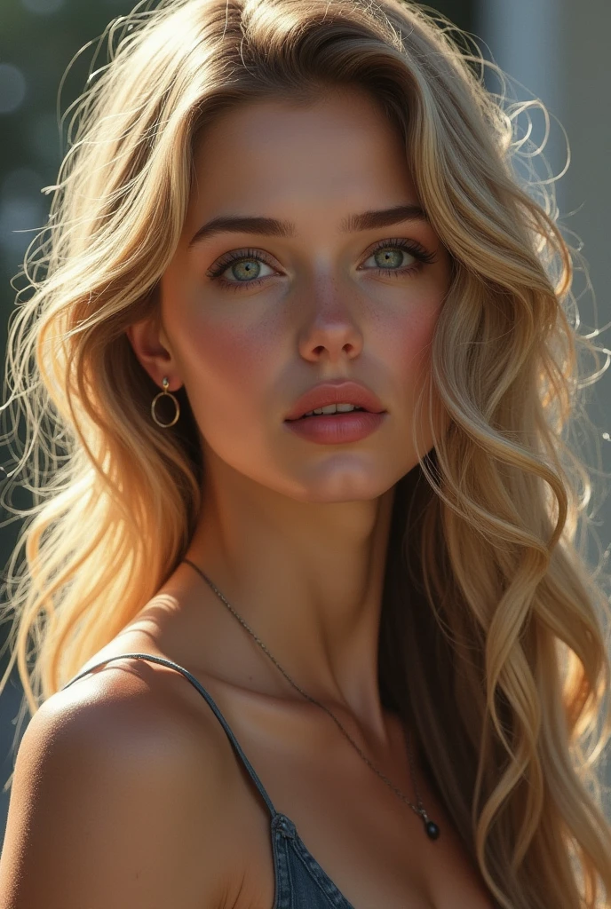 1 girl blonde wavy long hair down to mid-back, fair skin. cute pretty. 5 foot 11 inches tall. grey eyes
looks like bucky barnes's daughter