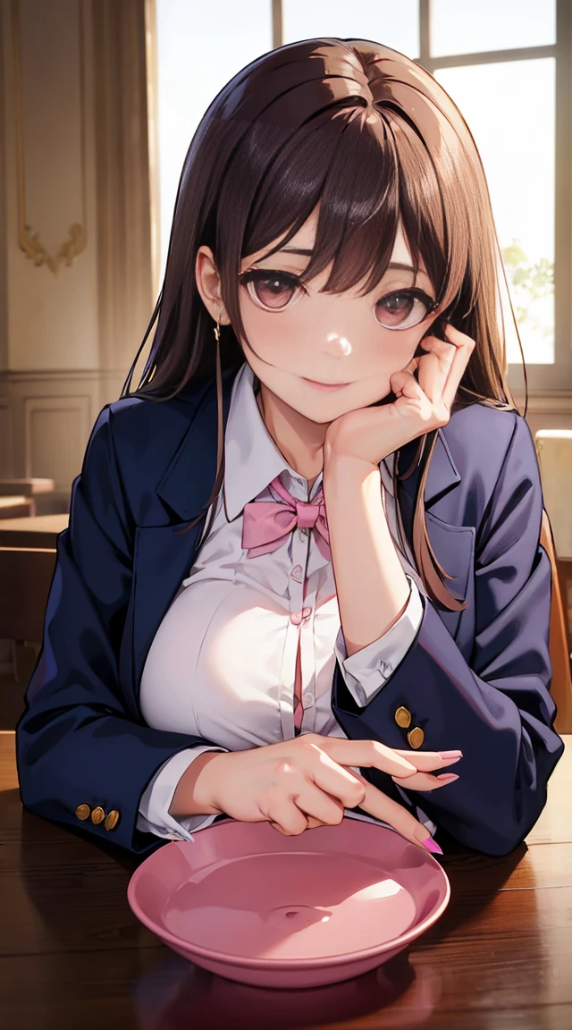 expensiveest quality、expensive school girl、((Droopy eyes))、Light brown hair、expensiveボリュームのあるポニーテール、Down Bangs、Big tits in clothes、(Broad shoulders)、Navy Blue Blazer、expensive 、(((Pink Nails)))、expensive、Elegance、smile、Glossy Lips、Earrings、skirt、Dark blue socks
