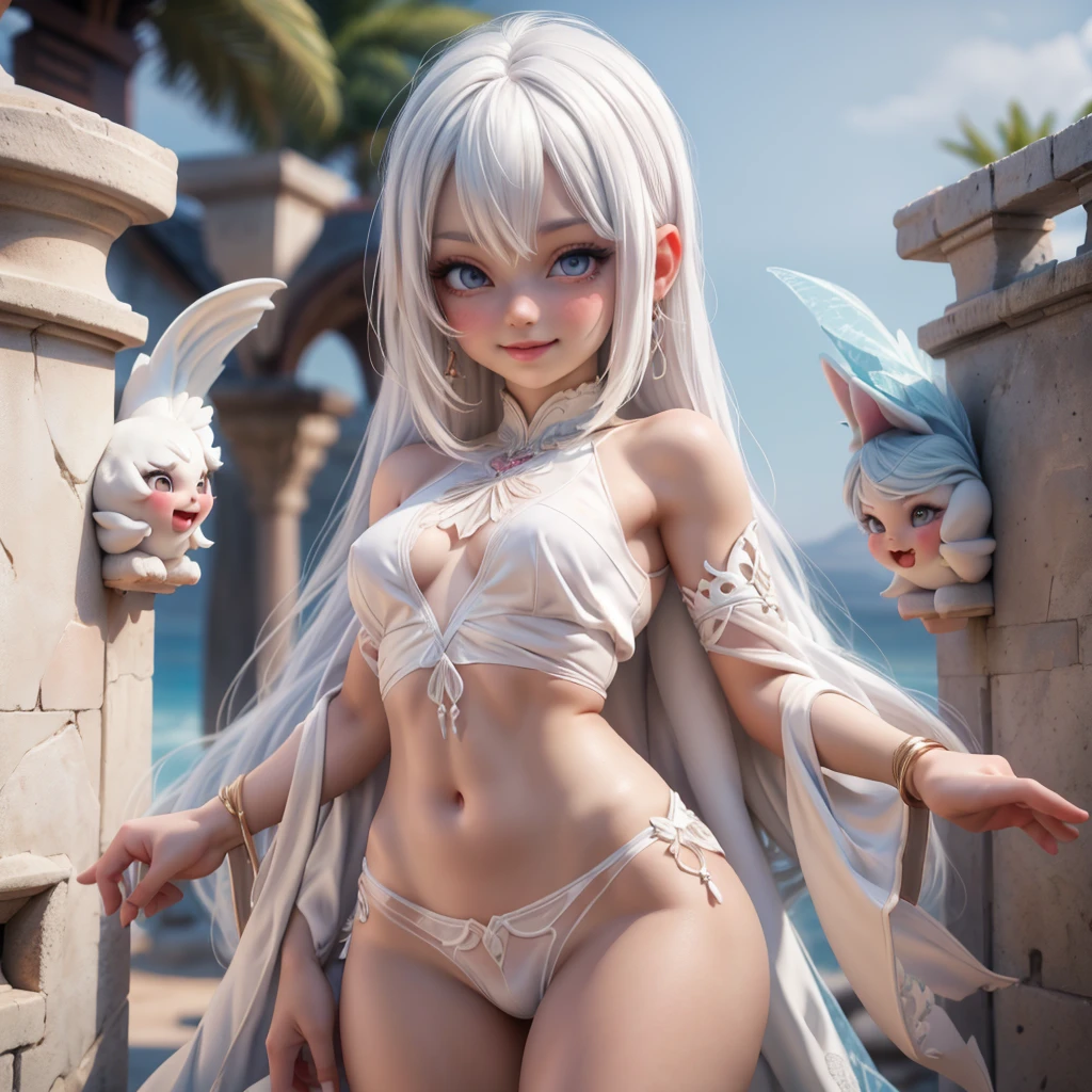 ariel, upper body portrait, white hair, beautiful, cute arabian transparent Langerie, warrior, midriff, fit, white hair, desert background, realistic fantasy ,concept art, sexy, excited, gorgeous face,fully body, breasts small, smooth skin, Medium pink mouth, Linda, naturals .Transparent silk on clothes, 80% of the uncovered body,Cheeky smile.,Well-defined lips.