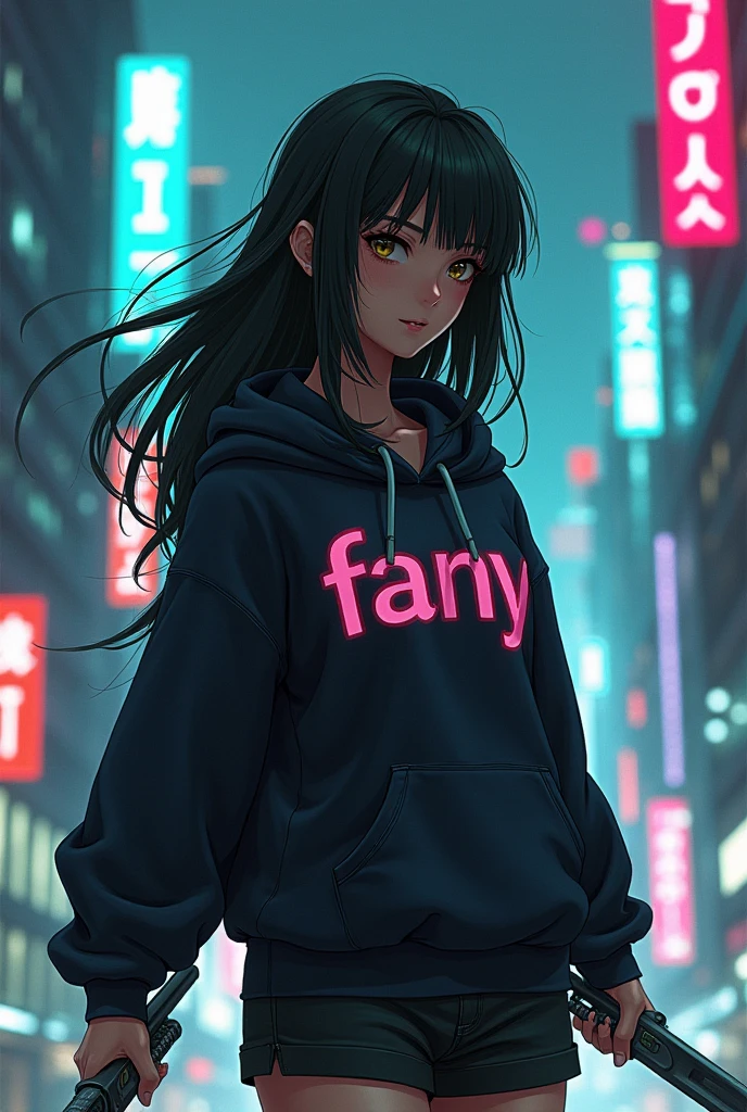 Create a character anime, {{background: capital text “GLBK”, night city}}, tanned skin,
realistic, HDR, female, beautiful, japan style, full body, use deagger, age 25, hoodie HD text: “FANY”