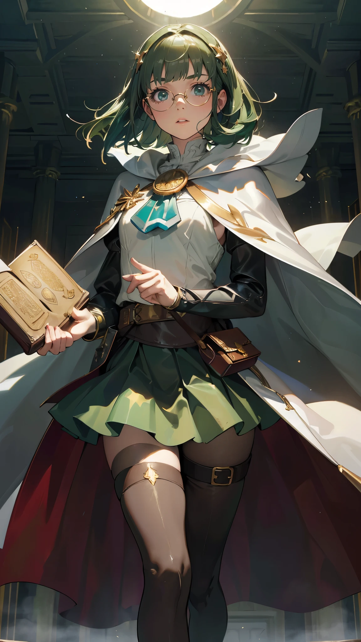 masterpiece, ultra detailed, 8k portrait, RAW photo, portrait photography, highly detailed face, beautiful and meticulous eyes, ((Fantasy)), Young beautiful, , child, dynamic pose, (((short deep green bobbed hair))), blunt bangs, White skin color, glasses, Luxury, (((white tunic and skirt))), (((green cape))), (((golden brooch))), (((little waist hip pouch))), (((dark thigh high tights))), high cut leather boots, ((holding magic book)), Midday Sun, hyper realistic, slender body, flat chest, Long legs, in the medieval magic classroom, Ambient lighting, Shadow details , Camera focus on face, strong breeze, Light fog