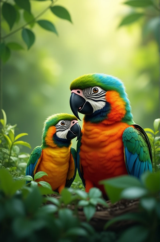 Two parrots on green coulor with his cuty son