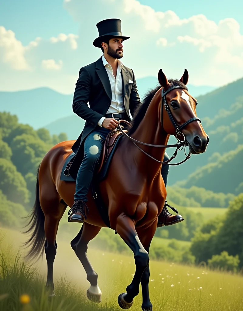 A man riding a horse, he has a top hat on and wearing a black jacket and jeans