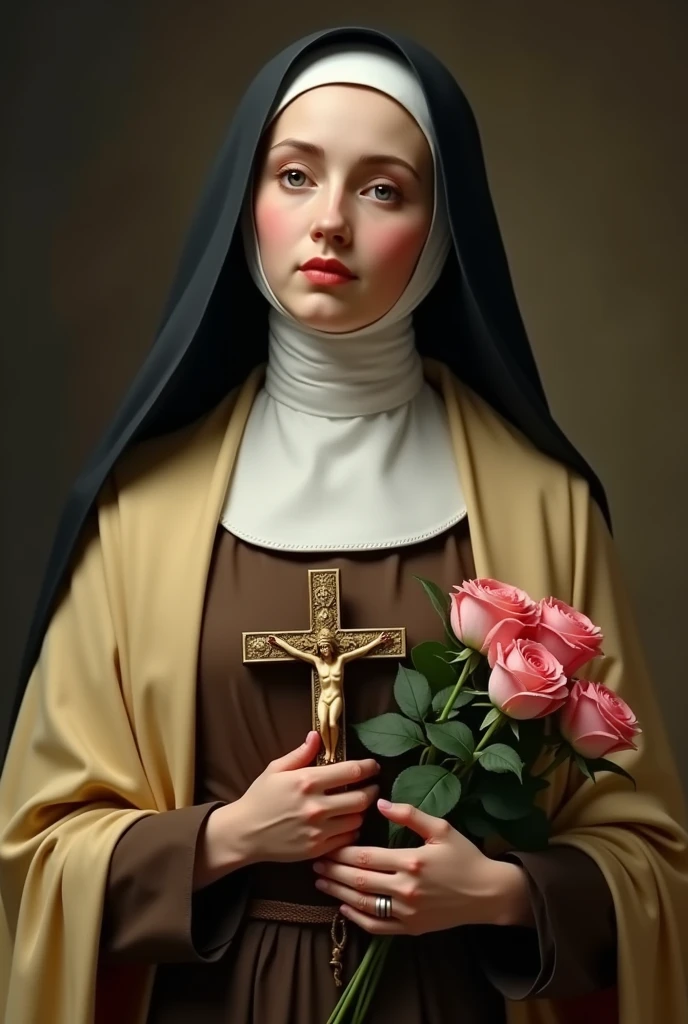 Generates an image of Saint Therese, dressed in a brown habit, black veil,  a light yellow cloak, a religious nun, holding a bouquet of roses and a crucifix. she is portrayed with a contemplative expression, reflecting his deep spirituality and communion with God, she has on average 24