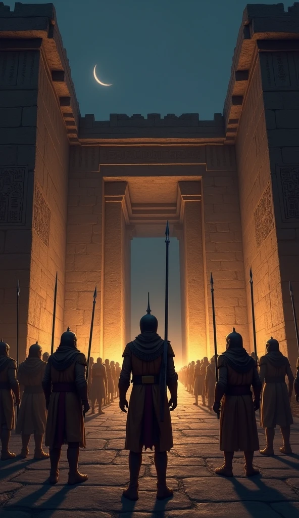 In the dark night some soldiers are guarding the gate of a palace in Egypt 