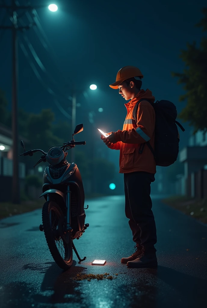 Delivery boy seeing Mobile near bike night on road