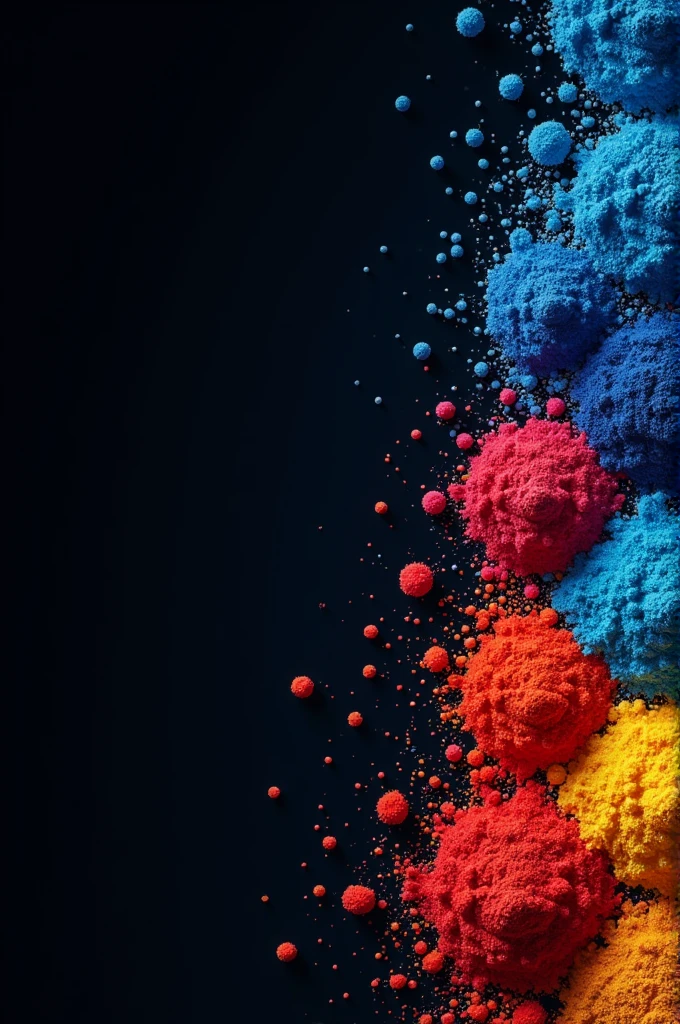Creative and cool looking Graphic design with dark backgrounds promoting PAM 2024, an event focused on polymers, additives, and master batches colourful polymer pellets in blue, red, and yellow on right side in geometric shapes and a modern design,minimalist