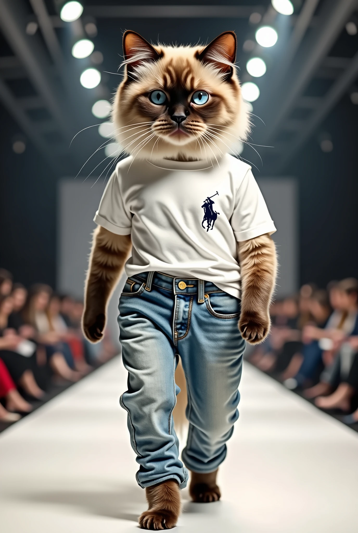 Himalayan cat wearing a Ralph Lauren T-shirt and jeans set in a real life full body photo fashion show