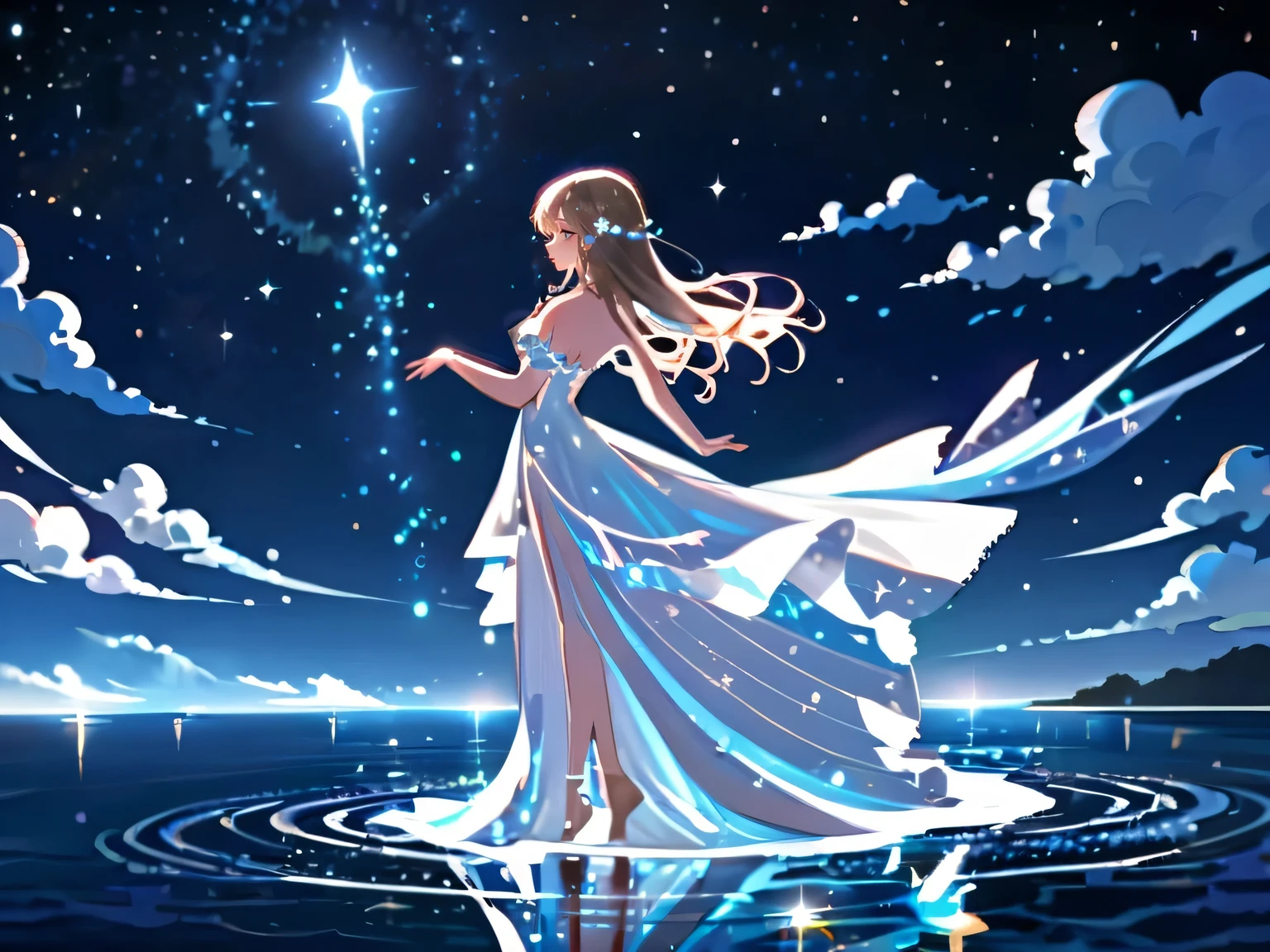 A girl standing alone under the night sky, Her figure shimmers in the soft moonlight and twinkling stars. Her face is beautifully detailed, Enchanting eyes that seem to reflect the universe itself, Long and fluttering eyelashes, And well-defined lips. She wore an elegant dress, Flutterish, fluttery, Gracefully embraces her figure that shimmers with subtle celestial light. The intricate details of her dress reflected the faint starlight., Creates a mesmerizing glow. The surrounding scenery shows a peaceful ocean。. There&#39;s a breeze in the air, The fabric sways gently，. Bathed in the warm sunshine，, Dream Palette, With dark blue hue, Purple, And a hint of silver. The atmosphere is calm and peaceful, Evokes a feeling of peace and tranquility. Artwork of the highest quality, Carefully crafted with extremely detailed brushstrokes and precise attention to every element. The texture and depth of this painting is breathtaking, Photorealistic and photo-realistic，Capturing the stunning beauty of the night sky. Soft and diffuse light, Casts a soft glow over the entire scene, Enhance the magical atmosphere. The girl&#39;s presence exudes a sense of mystery and wonder, As if she holds secrets related to the gods in heaven. The overall composition evokes a sense of timelessness，and captures the essence of StarSign, A work of art that captures the celestial beauty and inner strength of a girl connecting with the stars. barefoot,Walk on water