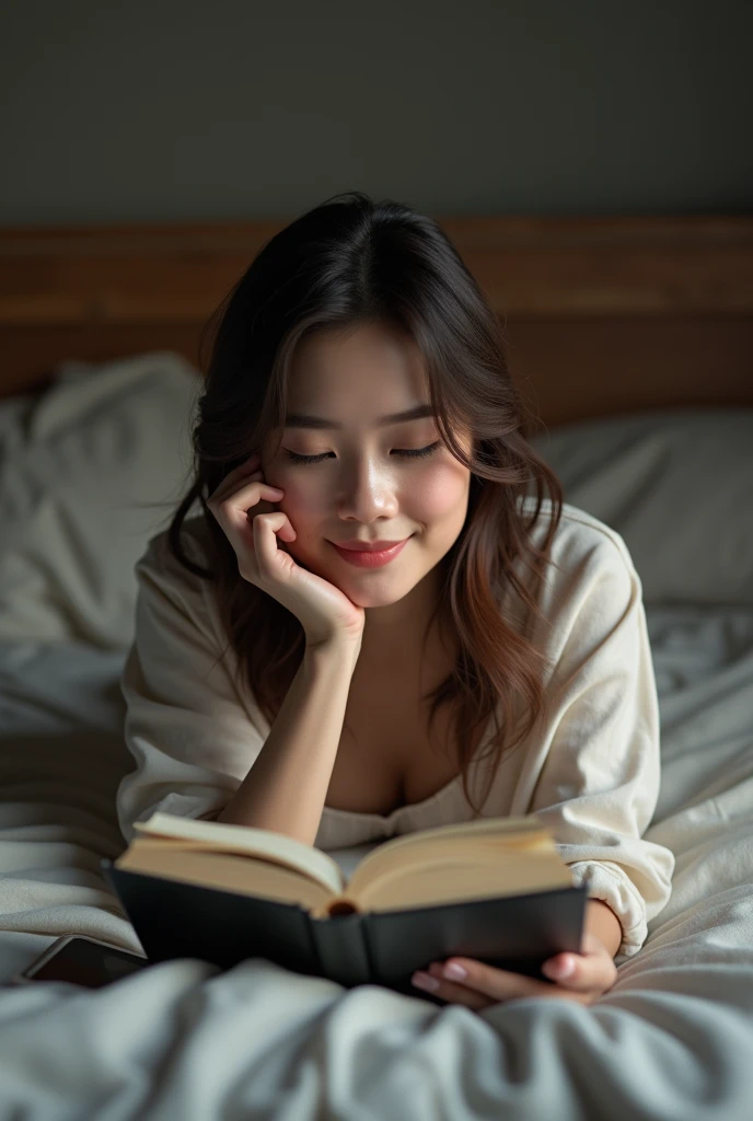 (photorealism:1.2), front view of woman laying the bed with a book in hand, phone kept beside, thinking and smiling face expression