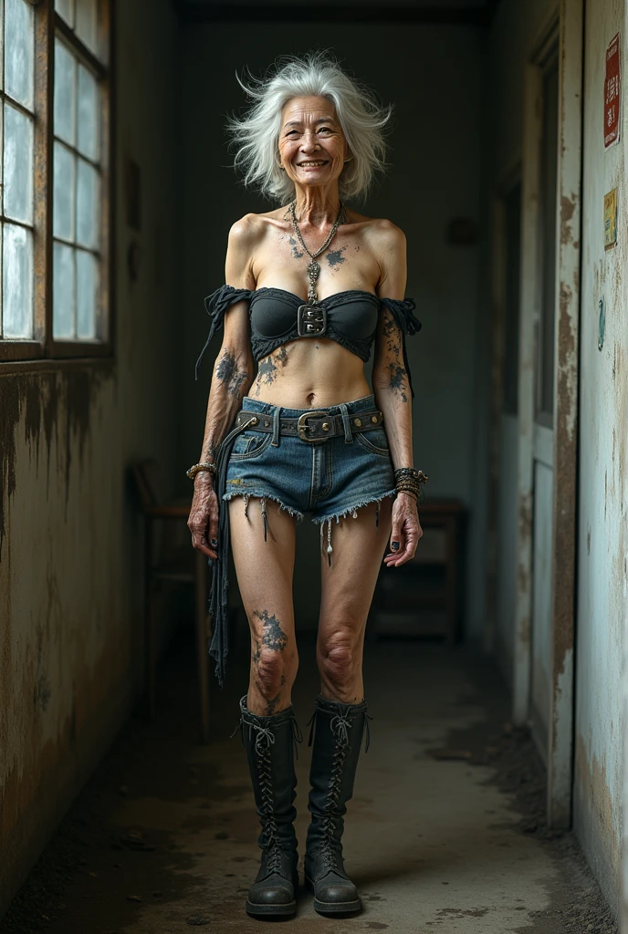 Japan 100 years old old woman aging elderly person aged face gal to off-shoulder、Micro Mini Skirt、Grandma gal wearing thigh-high boots to grandma breast with breast implants, 
Tattered off-shoulder top, tattered micro mini skirt, Tattered thigh-high boots and off-shoulder boots with black mold、Micro mini skirt with black mold、Thigh-high boots covered in black mold
