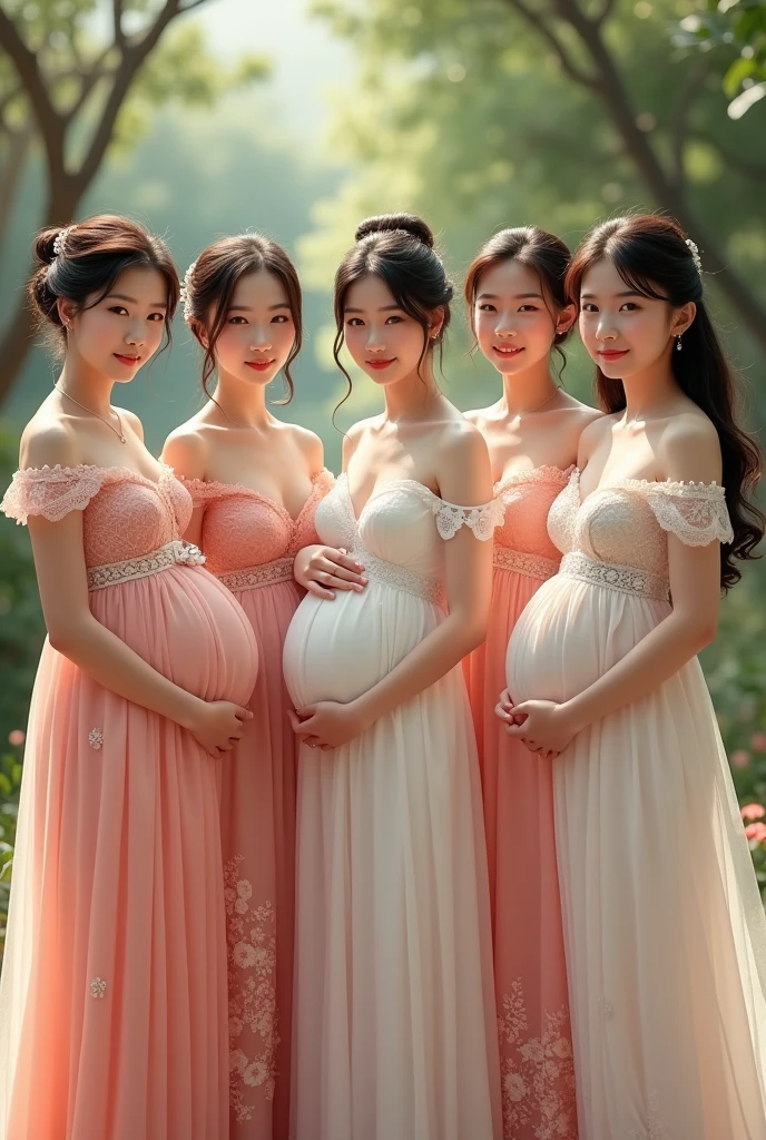 Five beautiful young women: the first young woman is of Thai nationality, 18 years old, wearing a Thai national wedding dress; the second young woman is of Lao nationality, 1, wearing a Lao national wedding dress; the third young woman is of Japanese nationality, 1, wearing a Japanese national wedding dress; the fourth young woman is of Korean nationality, 20 years old, wearing a Korean national wedding dress; the fifth young woman is of Taiwanese nationality, 2, wearing a Taiwanese national wedding dress. All of the young women are pregnant.