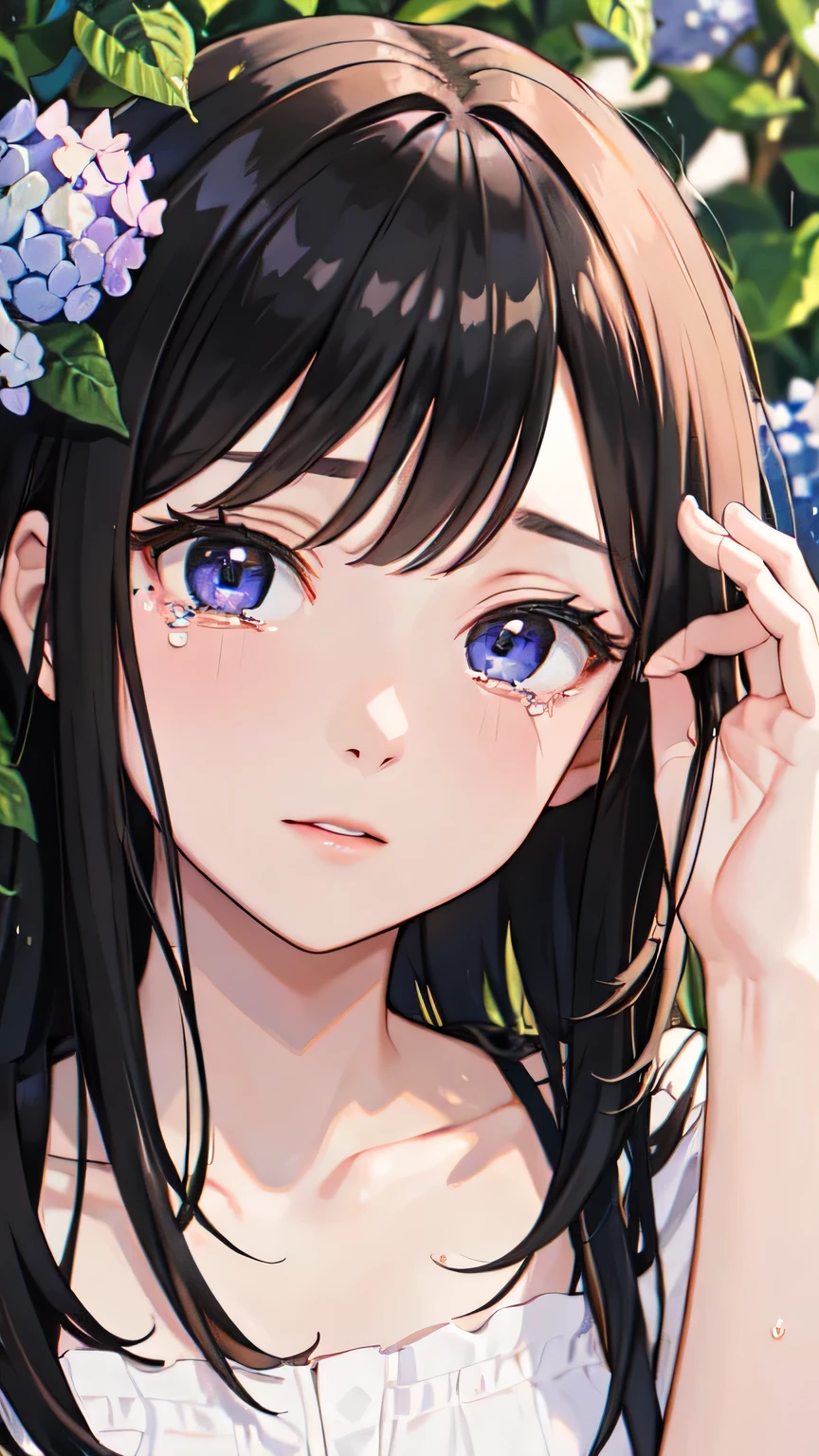 ((Highest quality)), ((masterpiece)), (detailed), One beautiful girl,Almond Eye,Hydrangea Tears、A pale color seeps into your heart, The seasons change、Even after time has passed, Your memory remains, **In the rain, your memory remains**,Close up of face