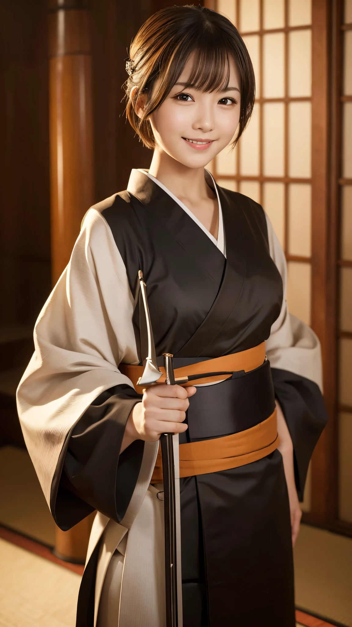 One girl, alone, kimono, short hair, arms, sword, Brown eyes, View your viewers, kimono, Brown Hair, lips, Hands on hips, sheath, smile, knife, Black Hair, Upper Body, Mouth closed, sheathed, Raise your hand