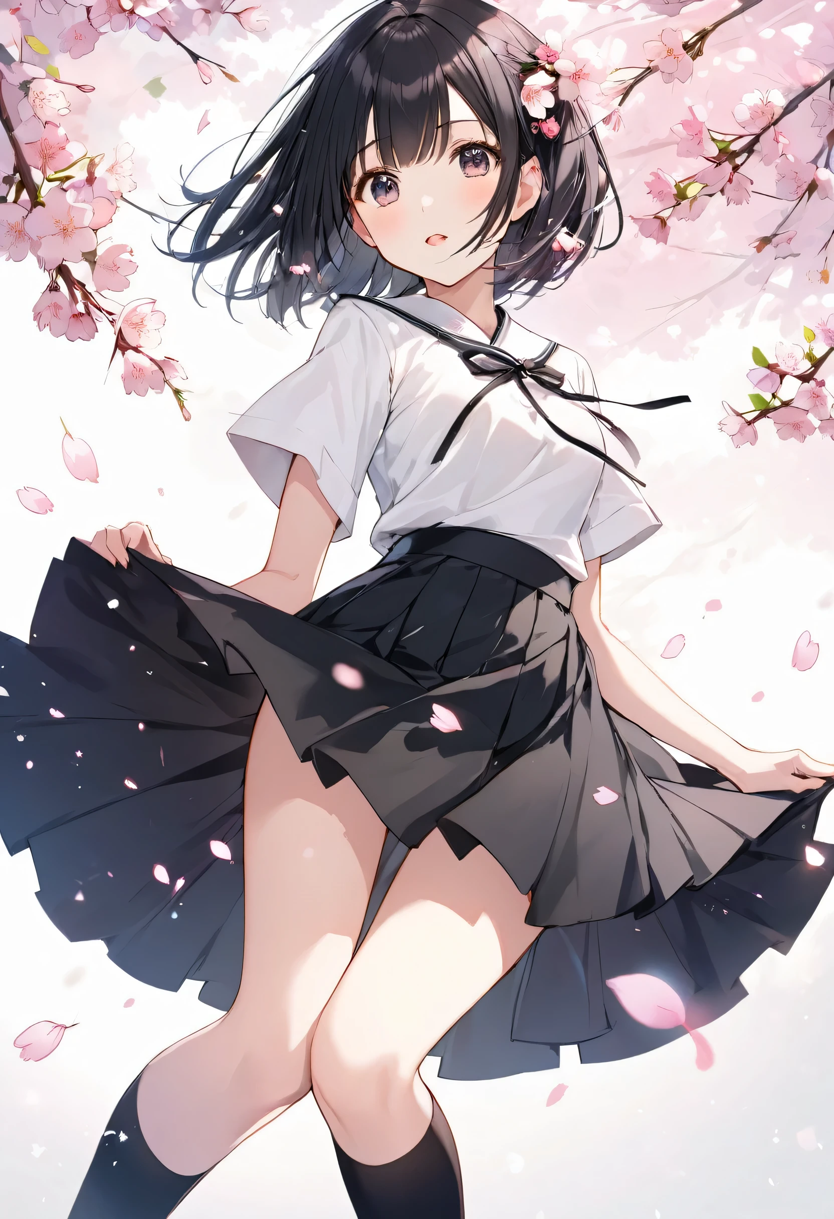 (((Background Senbonzakura)))、((Cherry blossoms fluttering effect))、Black short hair、Quirky hair、(Long bangs)、White short-sleeved clothing、Black Skirt、Black knee socks