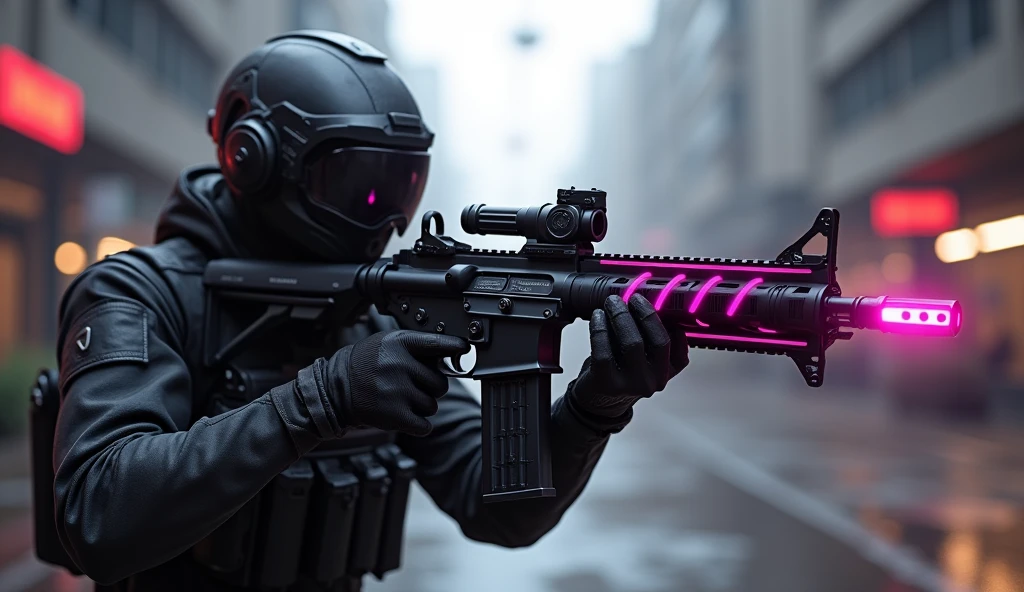 A sleek, lightweight assault rifle with energy conduits running along the barrel, designed for rapid-fire and precision shooting. Matte black with electric pink accents