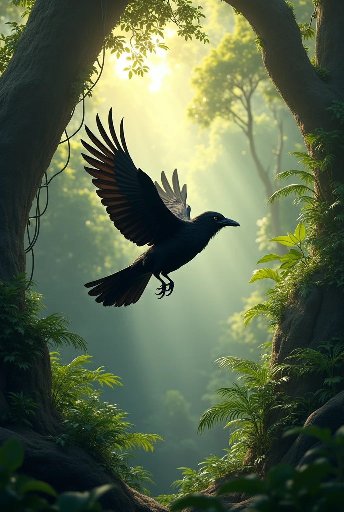 Black crow flying in a jungle