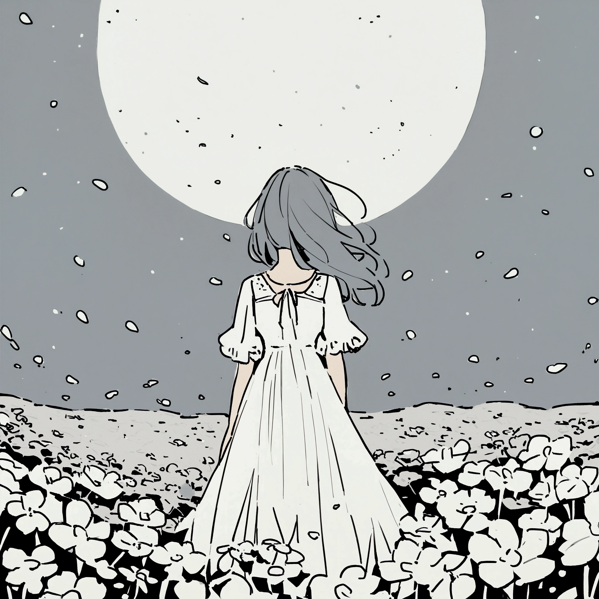 White sky, youth, woman in white dress, white flowers, nostalgic, flat color, delicate scenery, flower field, paint and canvas, solo, sad atmosphere