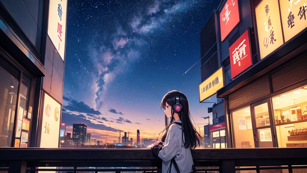 View of the autumn evening sky from a cafe。A young girl with black hair wearing stylish clothes and headphones labeled "lo-fi" The girl is shown in profile, gazing into the distance with a calm, relaxed expression Background depicts the iconic scenery of Namba, Osaka at night, without any text on signs A starry night sky adding to the peaceful atmosphere Overall mood is quiet and serene, perfect for lo-fi music Detailed hair rendering and careful attention to the girl's fashionable outfit The entire scene should evoke a relaxing, introspective feeling associated with lo-fi music