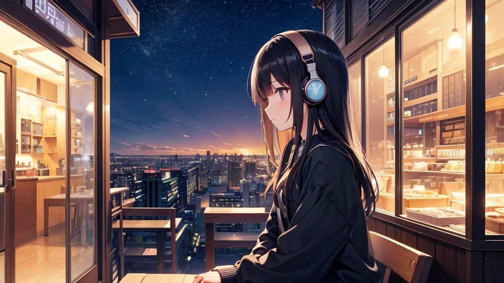 View of the autumn evening sky from a cafe。A young girl with black hair wearing stylish clothes and headphones labeled "lo-fi" The girl is shown in profile, gazing into the distance with a calm, relaxed expression Background depicts the iconic scenery of Namba, Osaka at night, without any text on signs A starry night sky adding to the peaceful atmosphere Overall mood is quiet and serene, perfect for lo-fi music Detailed hair rendering and careful attention to the girl's fashionable outfit The entire scene should evoke a relaxing, introspective feeling associated with lo-fi music